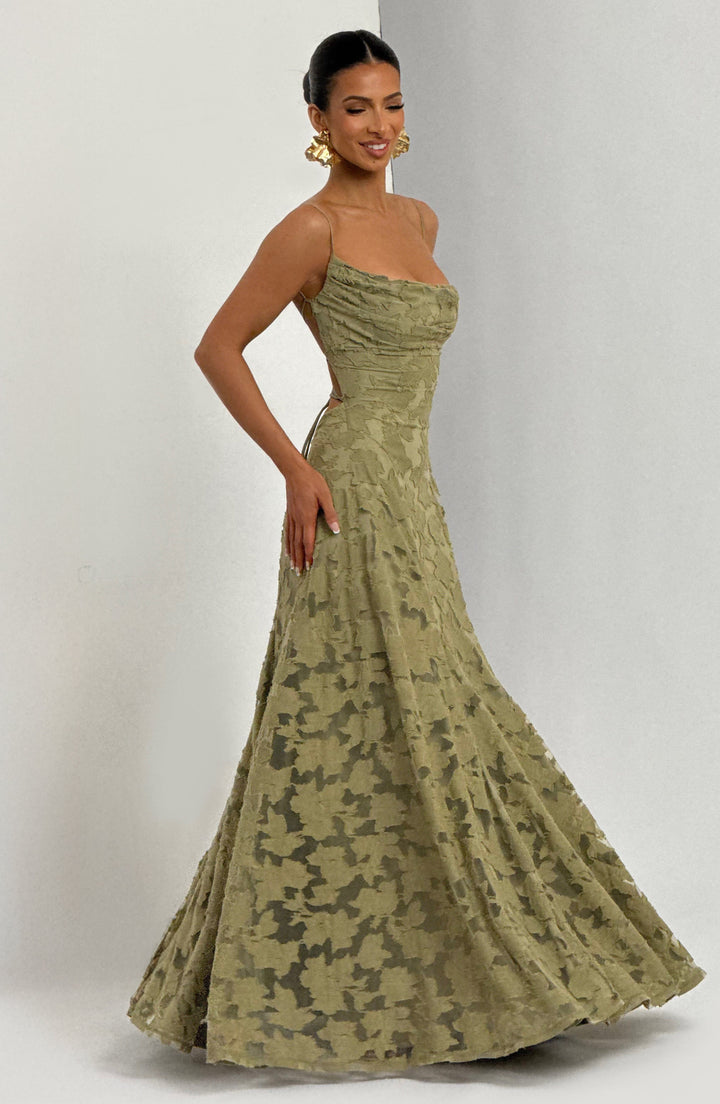 Women's Spaghetti Strap Straight Neckline Maxi Dress with Floral Lace Surface and A-Line Skirt
