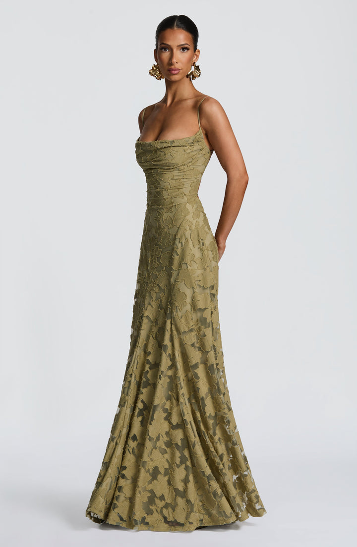 Women's Spaghetti Strap Straight Neckline Maxi Dress with Floral Lace Surface and A-Line Skirt