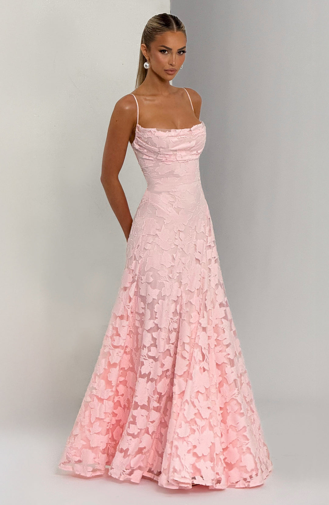 Women's Spaghetti Strap Straight Neckline Maxi Dress with Floral Lace Surface and A-Line Skirt