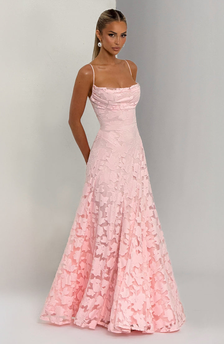 Women's Spaghetti Strap Straight Neckline Maxi Dress with Floral Lace Surface and A-Line Skirt