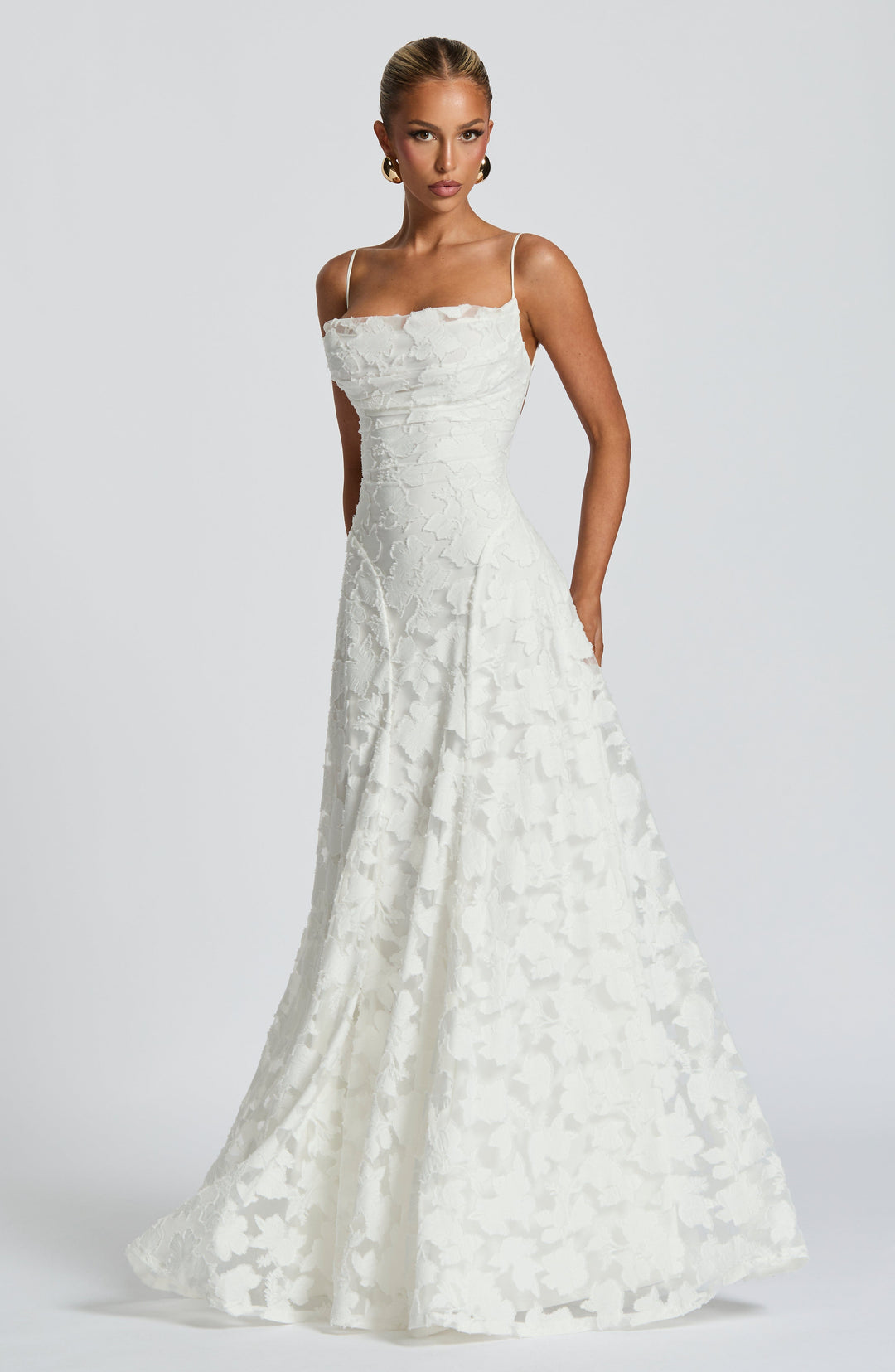 Women's Spaghetti Strap Straight Neckline Maxi Dress with Floral Lace Surface and A-Line Skirt
