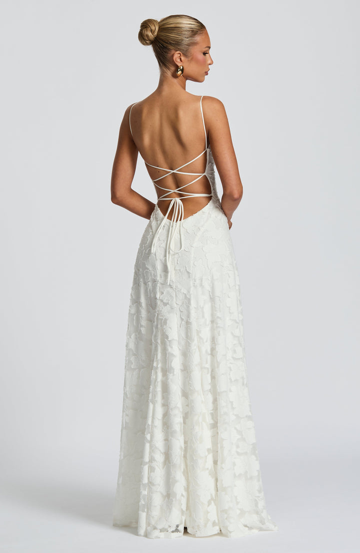 Women's Spaghetti Strap Straight Neckline Maxi Dress with Floral Lace Surface and A-Line Skirt