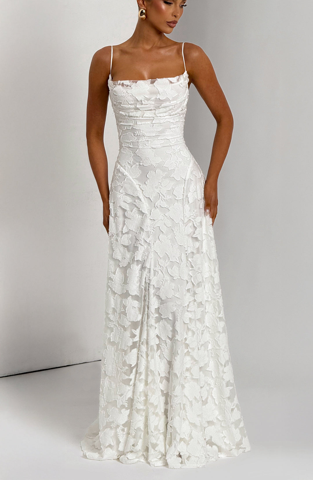 Women's Spaghetti Strap Straight Neckline Maxi Dress with Floral Lace Surface and A-Line Skirt
