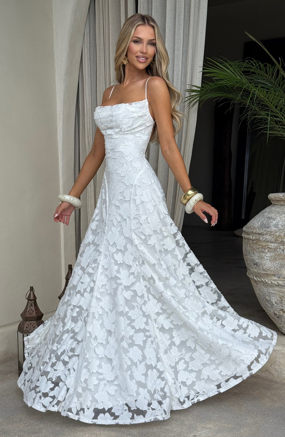 Women's Spaghetti Strap Straight Neckline Maxi Dress with Floral Lace Surface and A-Line Skirt