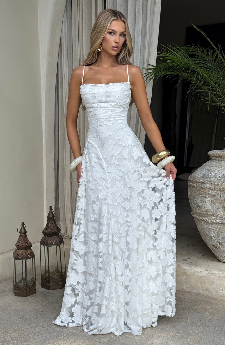 Women's Spaghetti Strap Straight Neckline Maxi Dress with Floral Lace Surface and A-Line Skirt