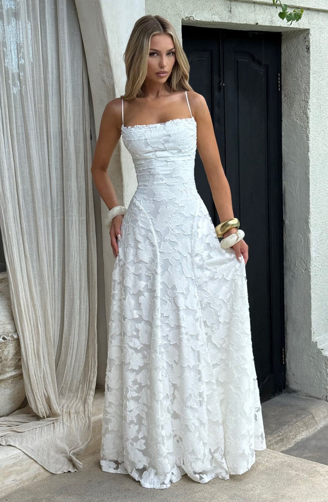 Women's Spaghetti Strap Straight Neckline Maxi Dress with Floral Lace Surface and A-Line Skirt
