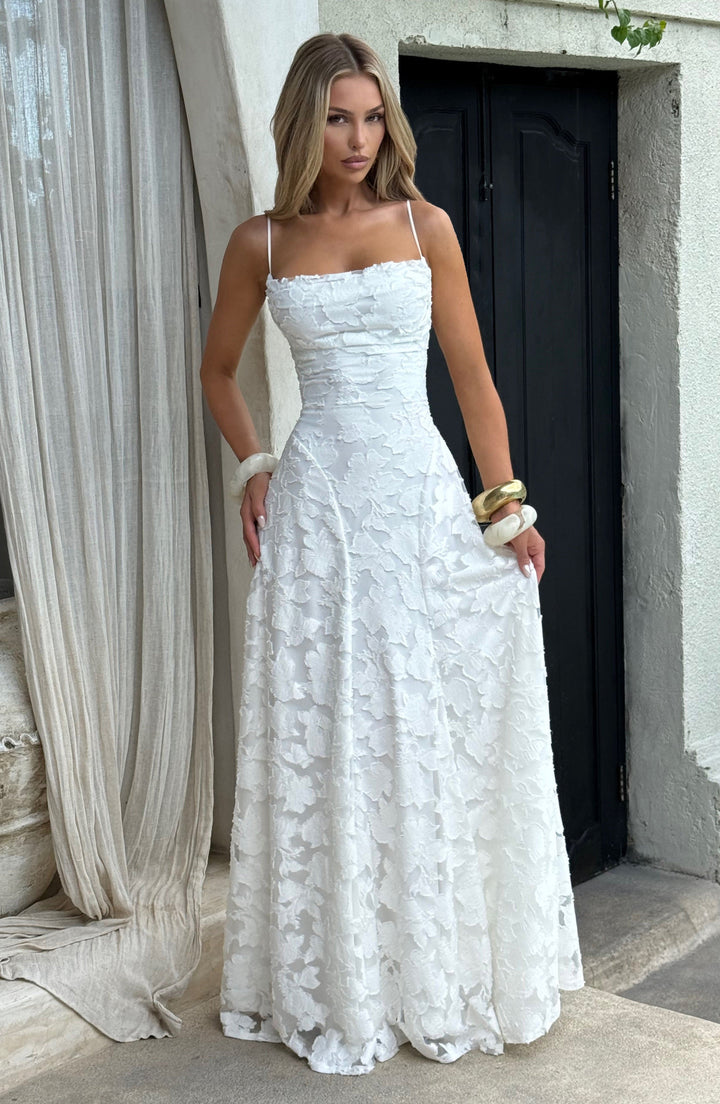 Women's Spaghetti Strap Straight Neckline Maxi Dress with Floral Lace Surface and A-Line Skirt