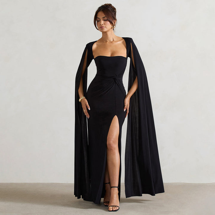 Women's Square Neck Maxi Dress with Cape Panels and Side Slit