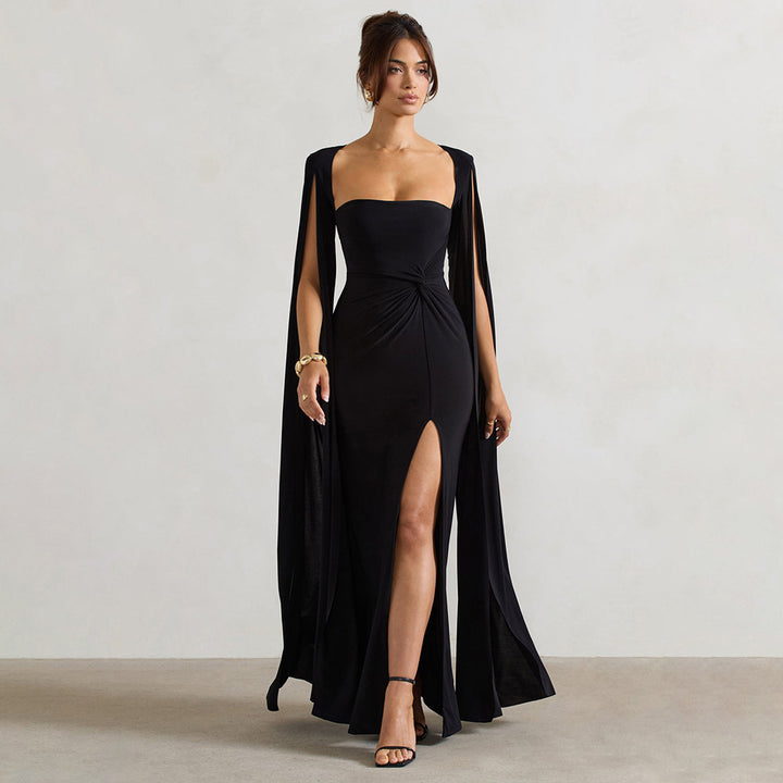 Women's Square Neck Maxi Dress with Cape Panels and Side Slit
