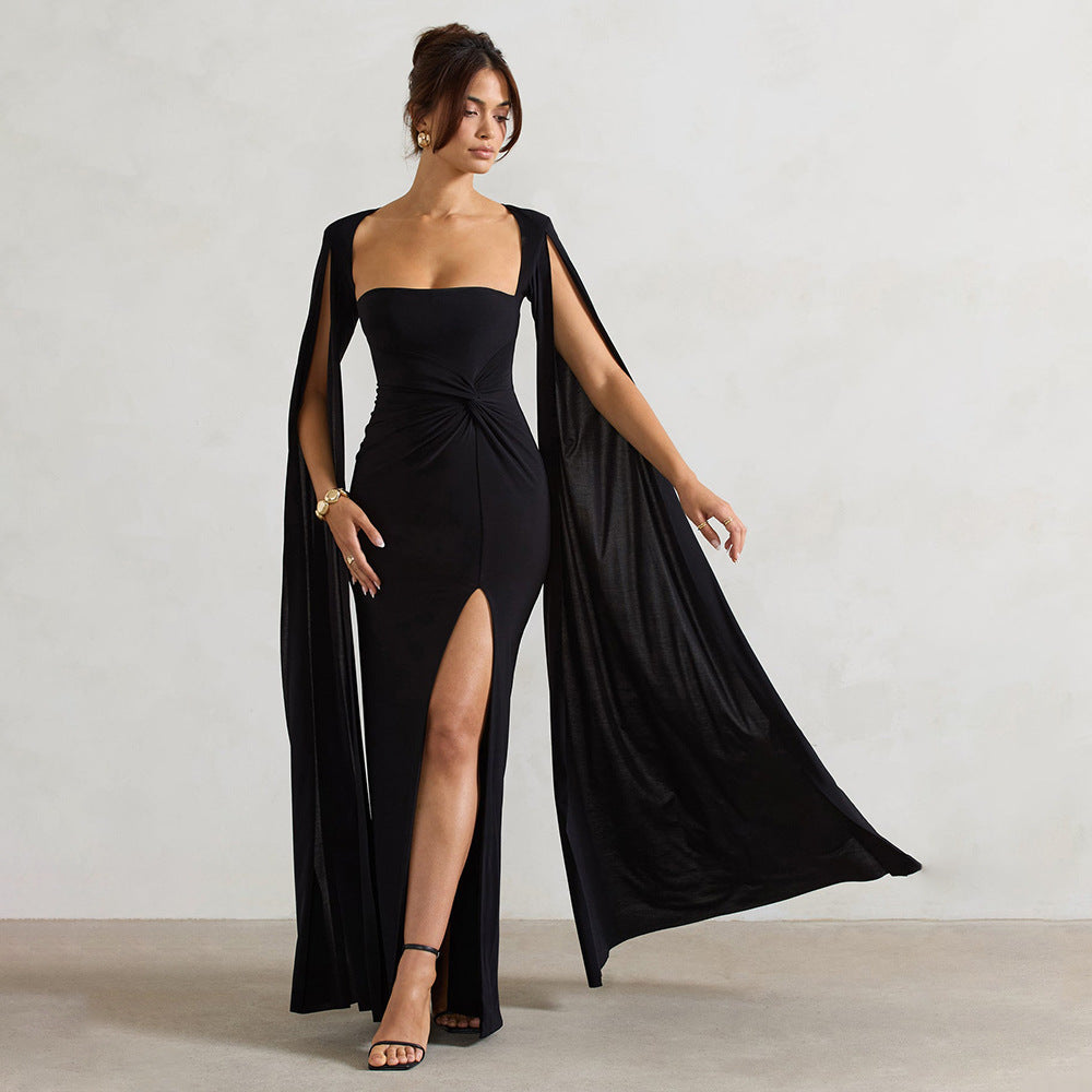 Women's Square Neck Maxi Dress with Cape Panels and Side Slit