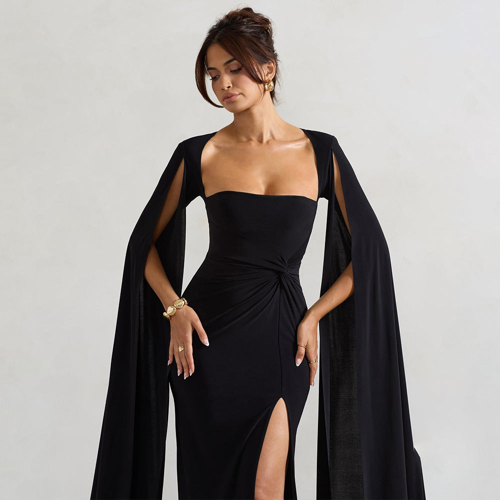 Women's Square Neck Maxi Dress with Cape Panels and Side Slit