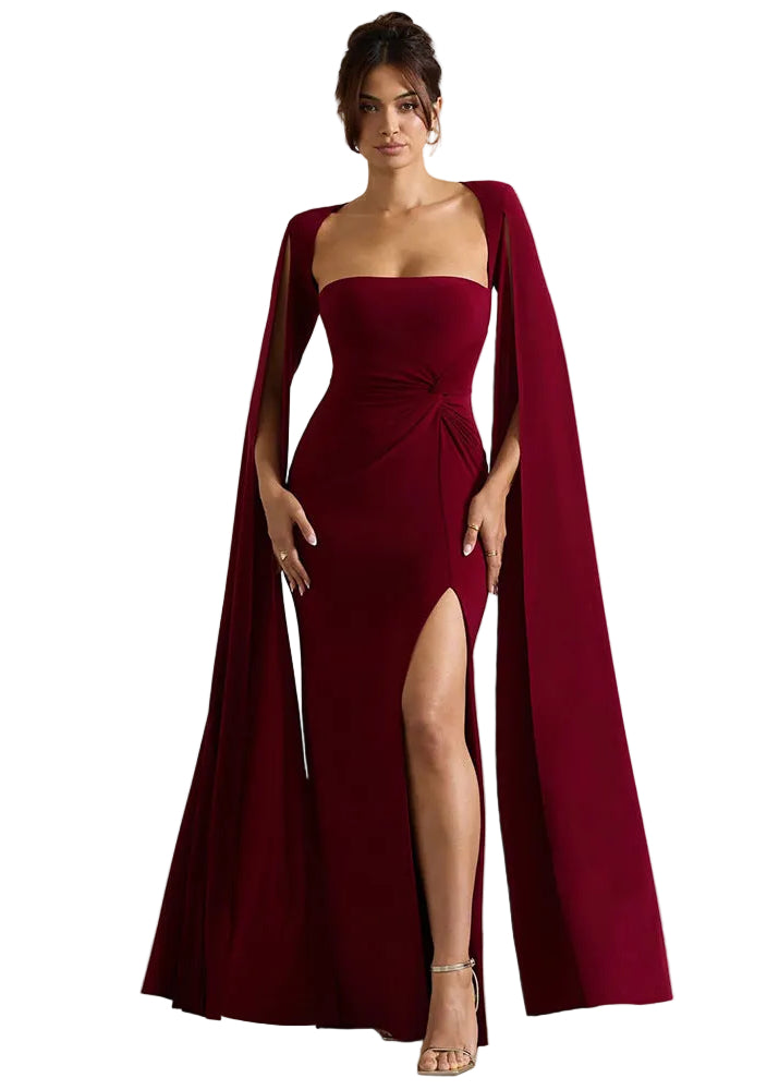 Women's Square Neck Maxi Dress with Cape Panels and Side Slit