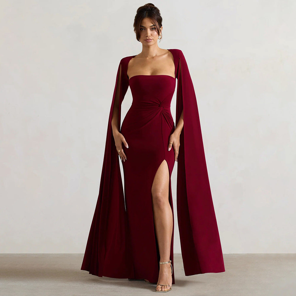 Women's Square Neck Maxi Dress with Cape Panels and Side Slit