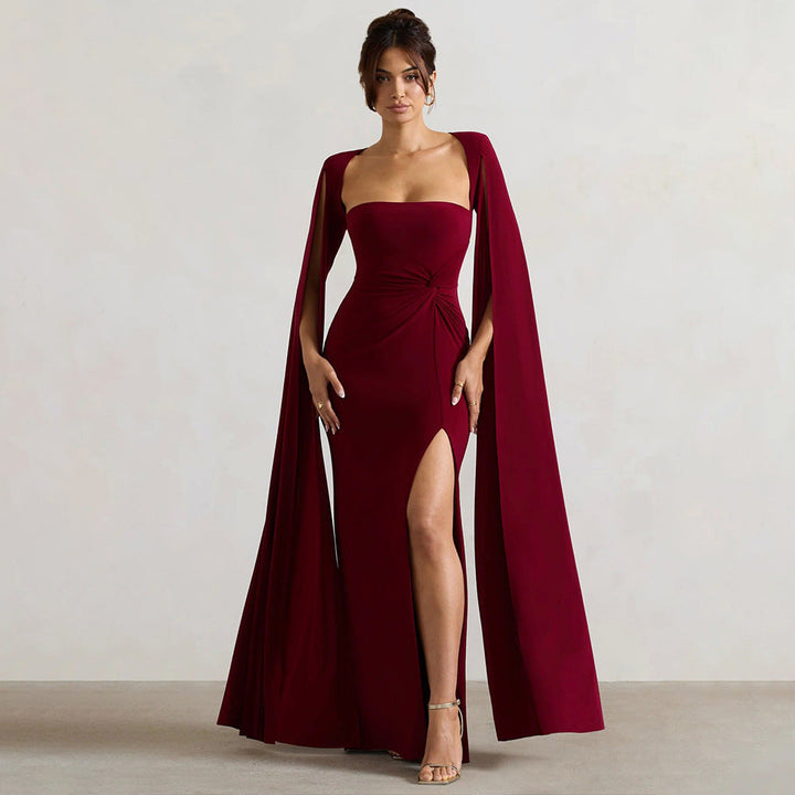 Women's Square Neck Maxi Dress with Cape Panels and Side Slit