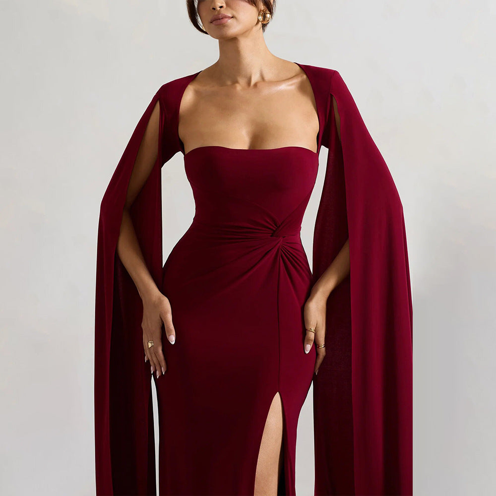 Women's Square Neck Maxi Dress with Cape Panels and Side Slit