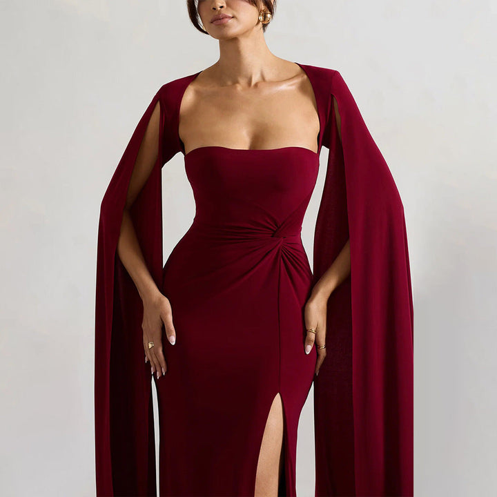 Women's Square Neck Maxi Dress with Cape Panels and Side Slit