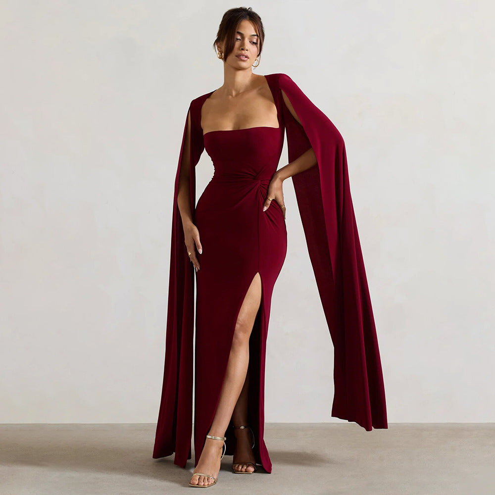 Women's Square Neck Maxi Dress with Cape Panels and Side Slit