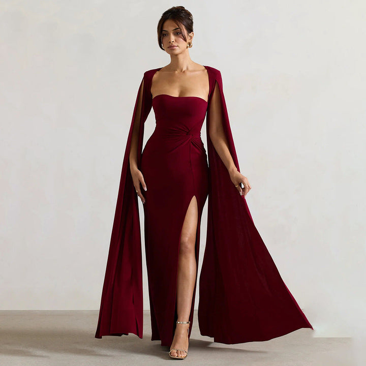 Women's Square Neck Maxi Dress with Cape Panels and Side Slit