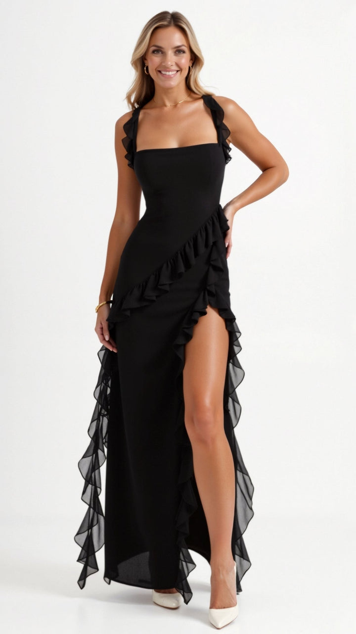 Women's Square Neckline Maxi Dress with Ruffle Straps and Front Slit