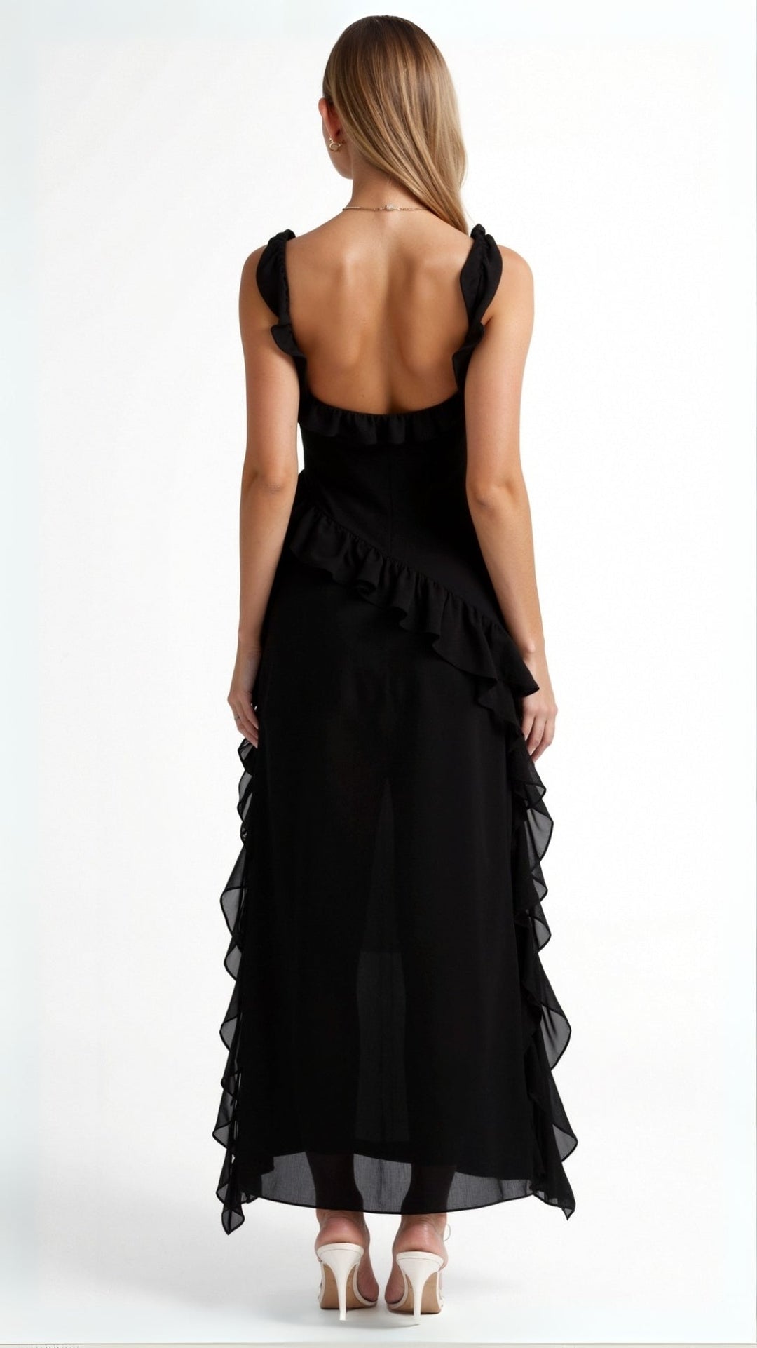 Women's Square Neckline Maxi Dress with Ruffle Straps and Front Slit