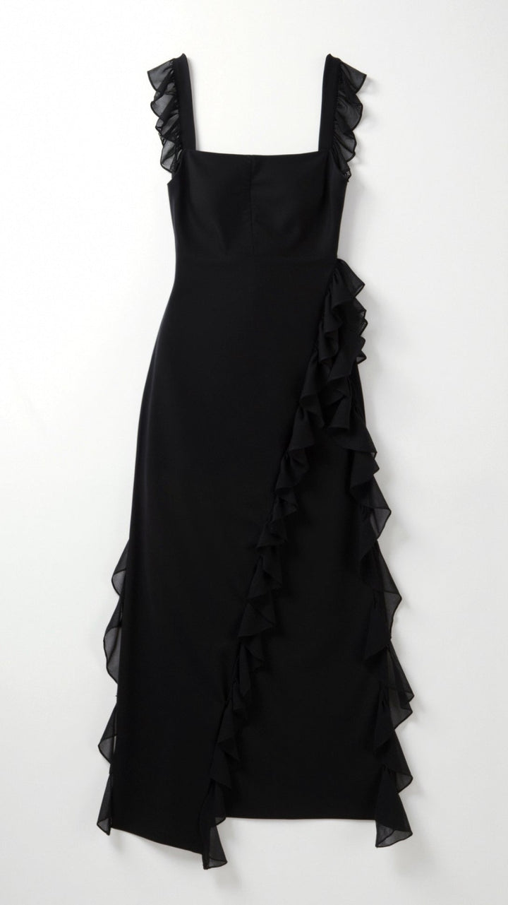 Women's Square Neckline Maxi Dress with Ruffle Straps and Front Slit