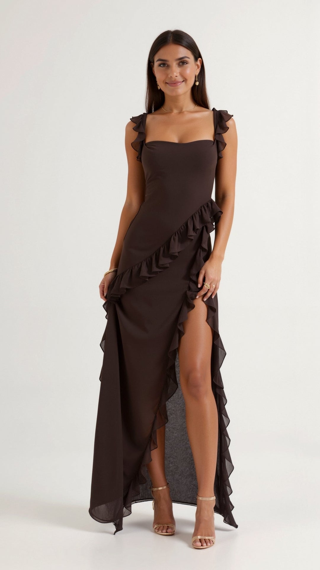 Women's Square Neckline Maxi Dress with Ruffle Straps and Front Slit