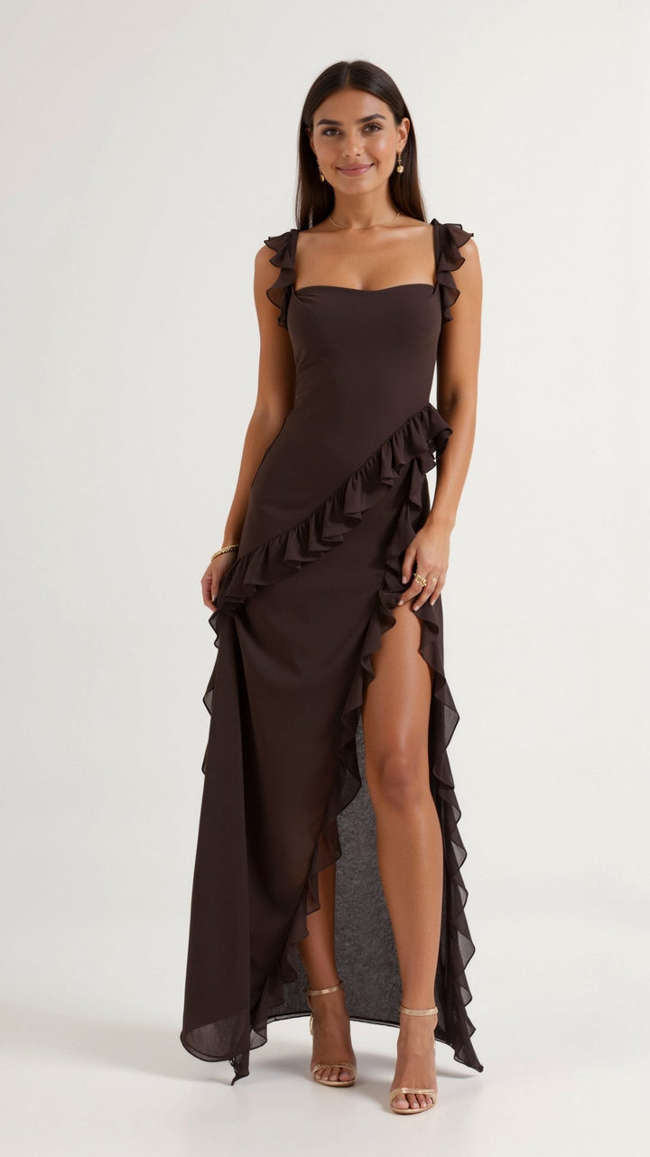 Women's Square Neckline Maxi Dress with Ruffle Straps and Front Slit