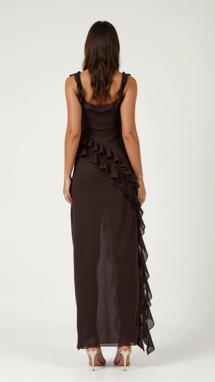 Women's Square Neckline Maxi Dress with Ruffle Straps and Front Slit