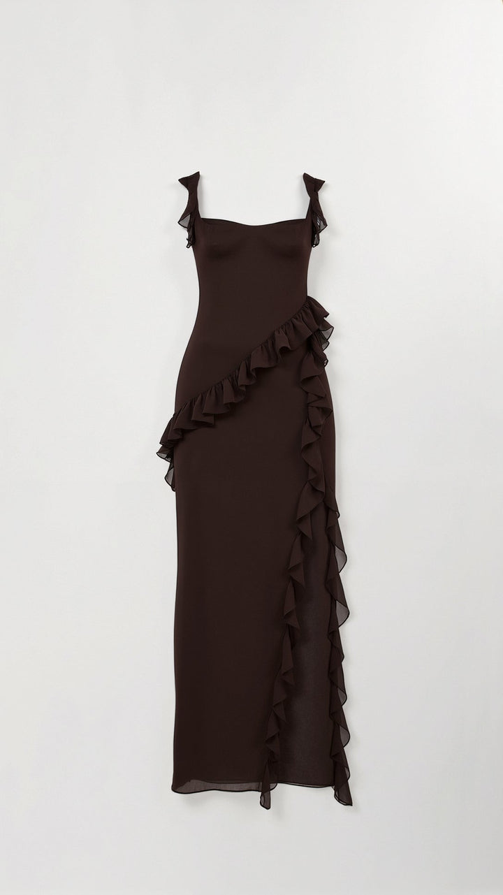 Women's Square Neckline Maxi Dress with Ruffle Straps and Front Slit