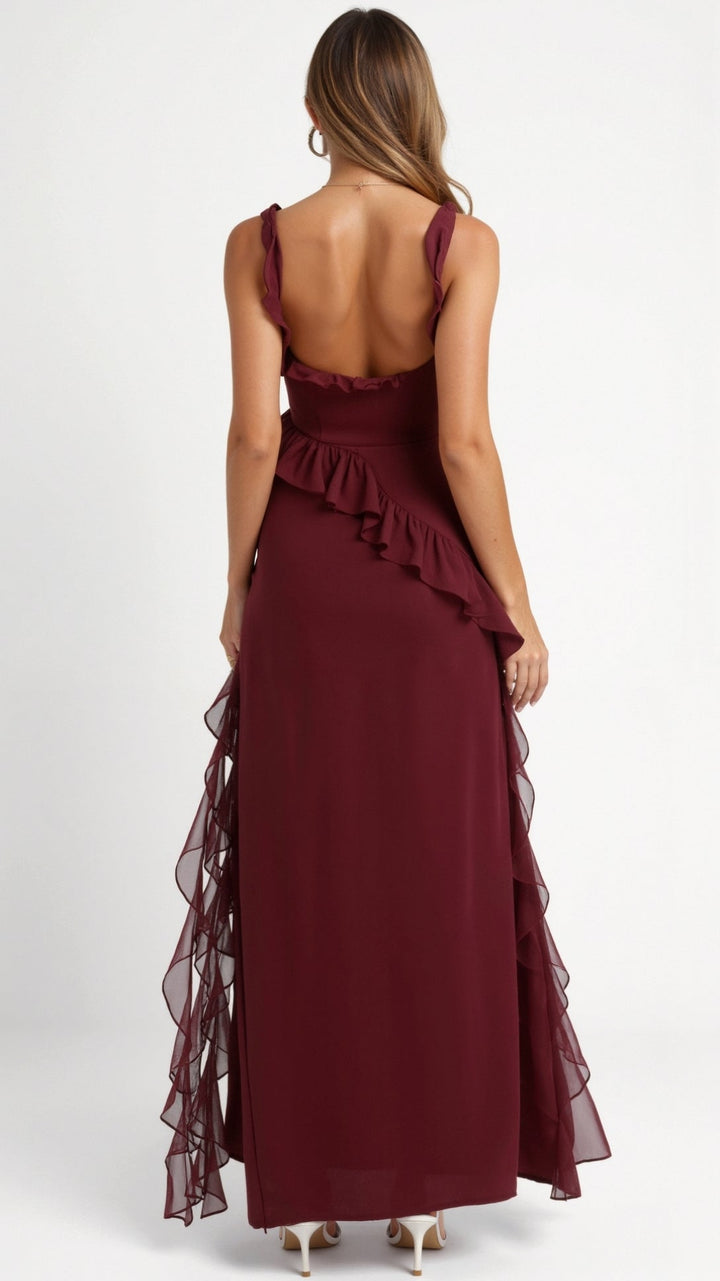 Women's Square Neckline Maxi Dress with Ruffle Straps and Front Slit