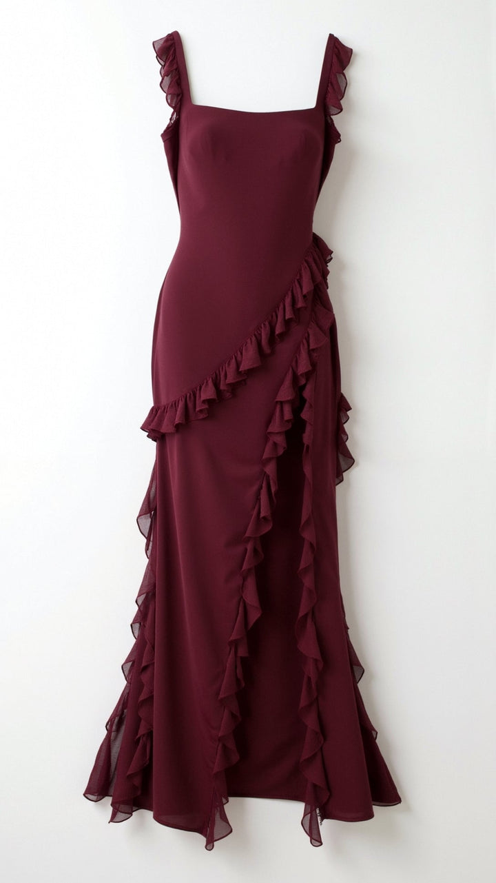 Women's Square Neckline Maxi Dress with Ruffle Straps and Front Slit