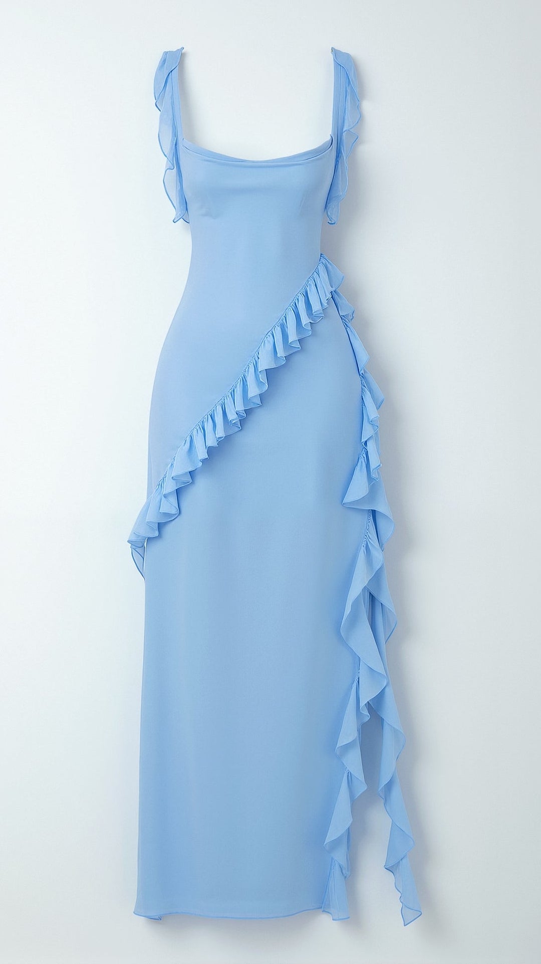 Women's Square Neckline Maxi Dress with Ruffle Straps and Front Slit