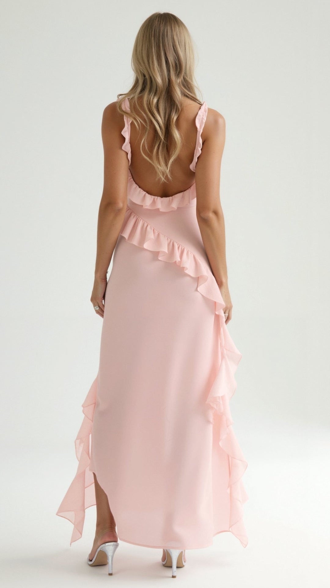 Women's Square Neckline Maxi Dress with Ruffle Straps and Front Slit