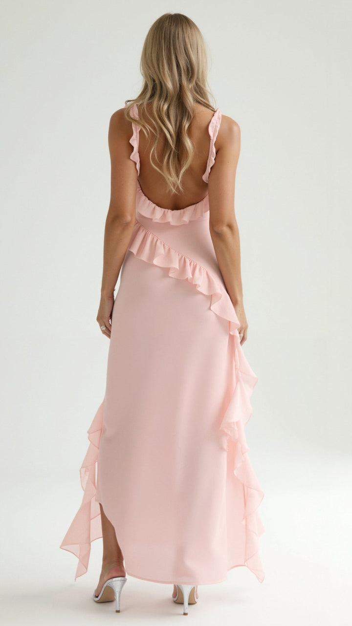 Women's Square Neckline Maxi Dress with Ruffle Straps and Front Slit