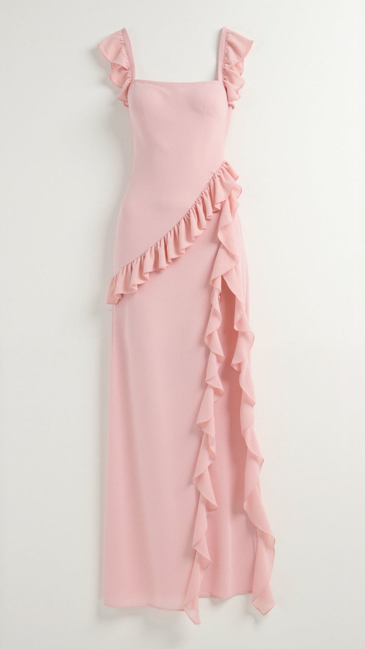 Women's Square Neckline Maxi Dress with Ruffle Straps and Front Slit