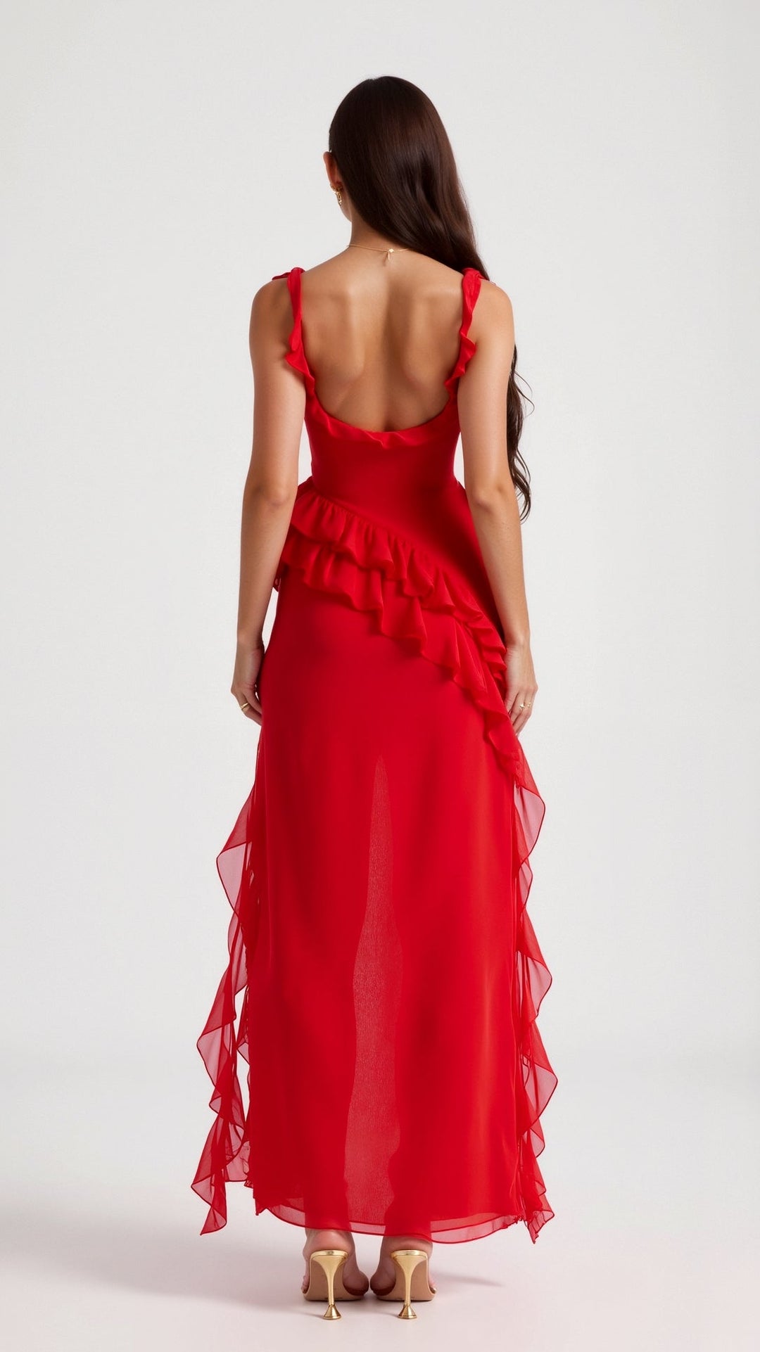 Women's Square Neckline Maxi Dress with Ruffle Straps and Front Slit