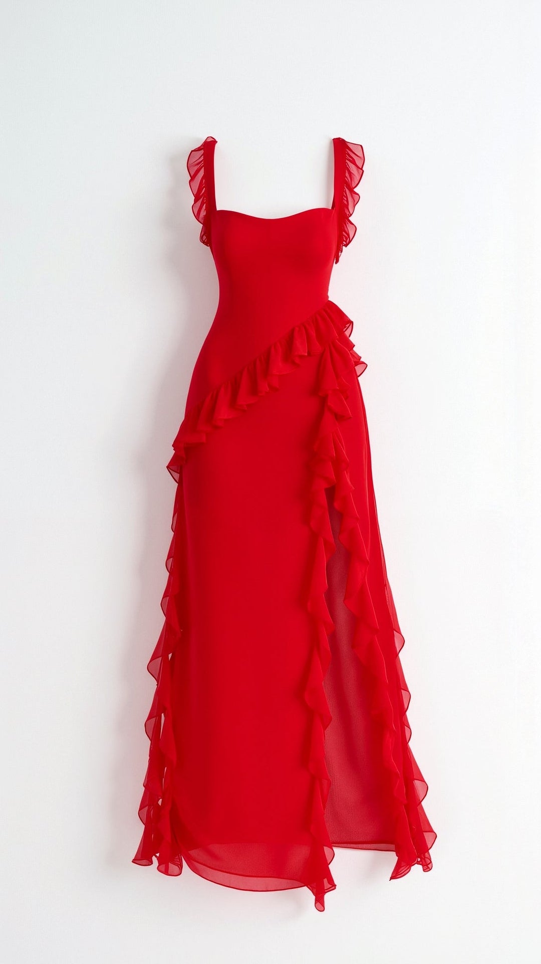 Women's Square Neckline Maxi Dress with Ruffle Straps and Front Slit
