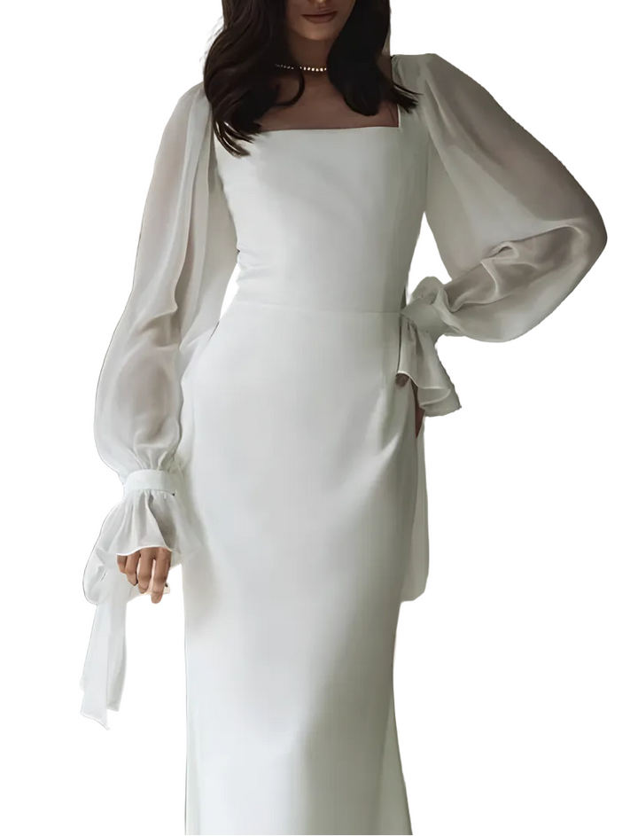 Women's Square Neckline Maxi Dress with Sheer Balloon Sleeves and Tie Cuffs