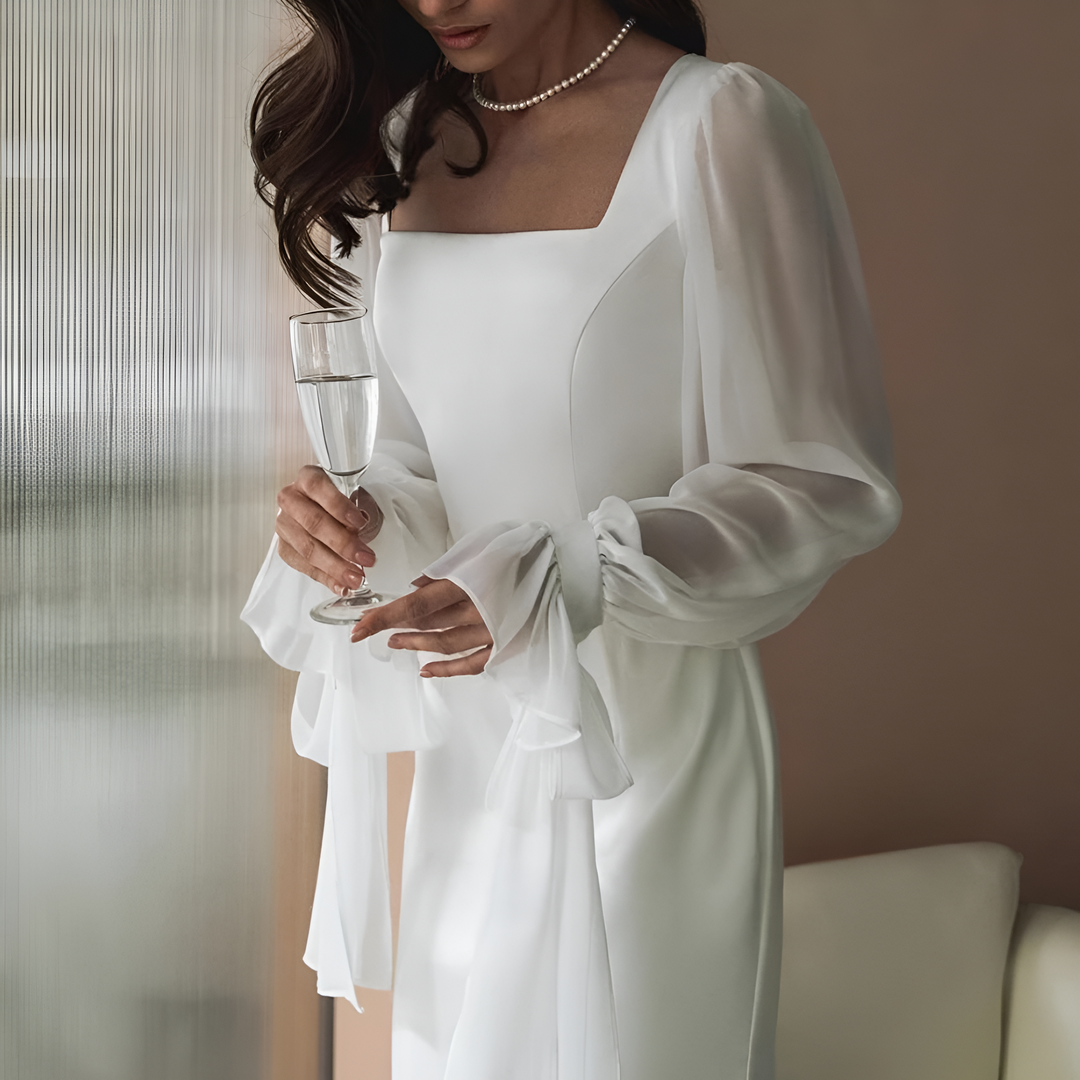 Women's Square Neckline Maxi Dress with Sheer Balloon Sleeves and Tie Cuffs