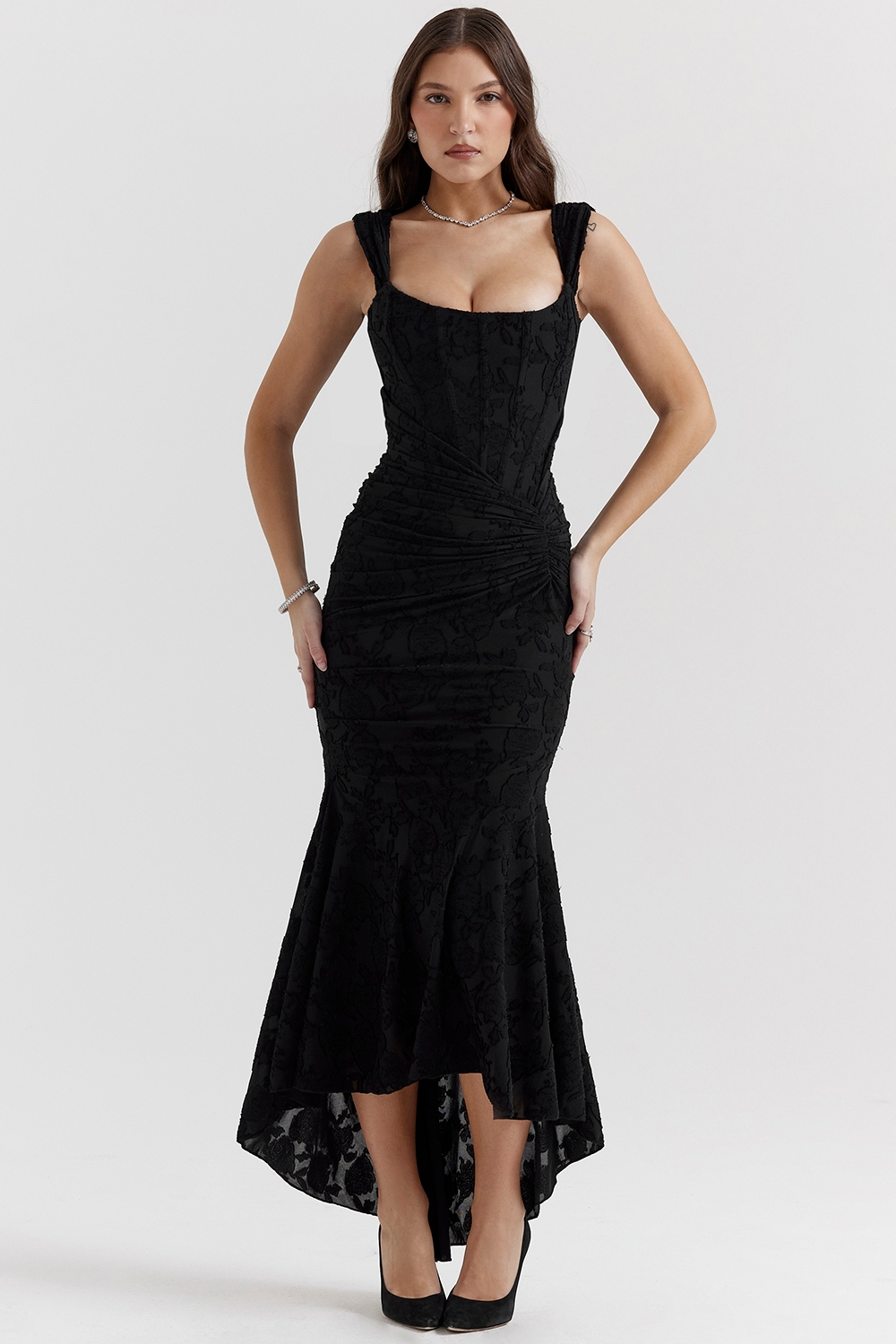 Women's Square Neckline Midi Dress with Asymmetric Hem and Wide Straps