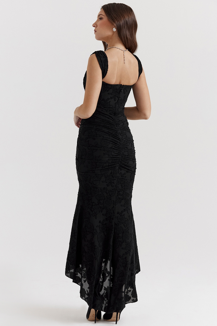 Women's Square Neckline Midi Dress with Asymmetric Hem and Wide Straps