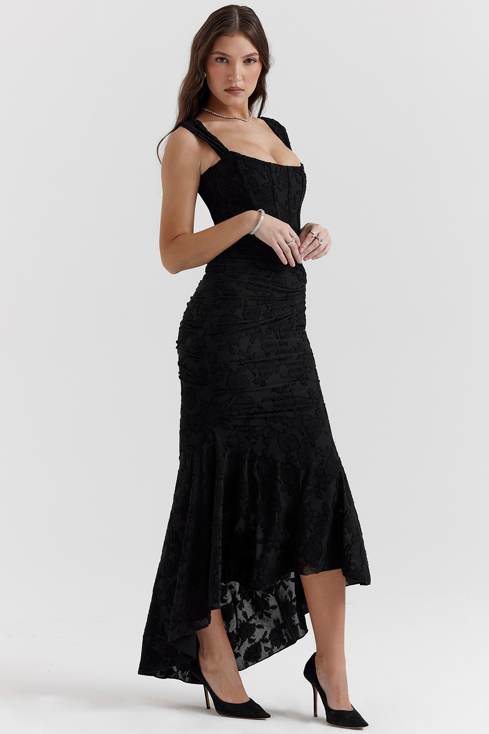 Women's Square Neckline Midi Dress with Asymmetric Hem and Wide Straps
