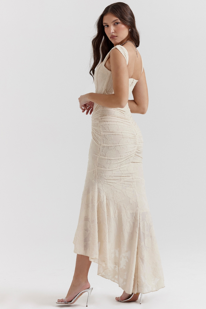 Women's Square Neckline Midi Dress with Asymmetric Hem and Wide Straps