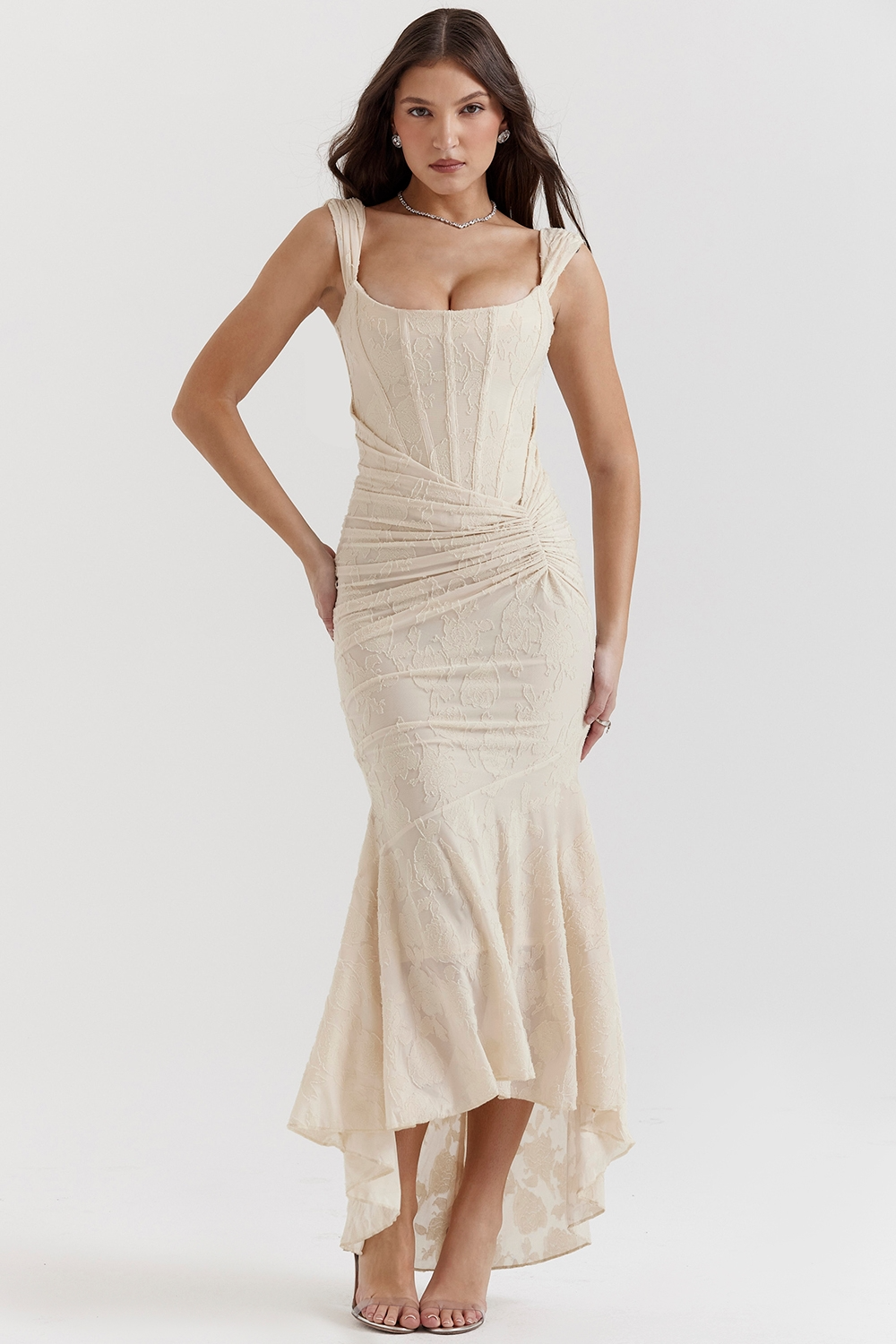 Women's Square Neckline Midi Dress with Asymmetric Hem and Wide Straps
