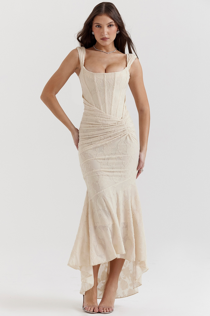 Women's Square Neckline Midi Dress with Asymmetric Hem and Wide Straps