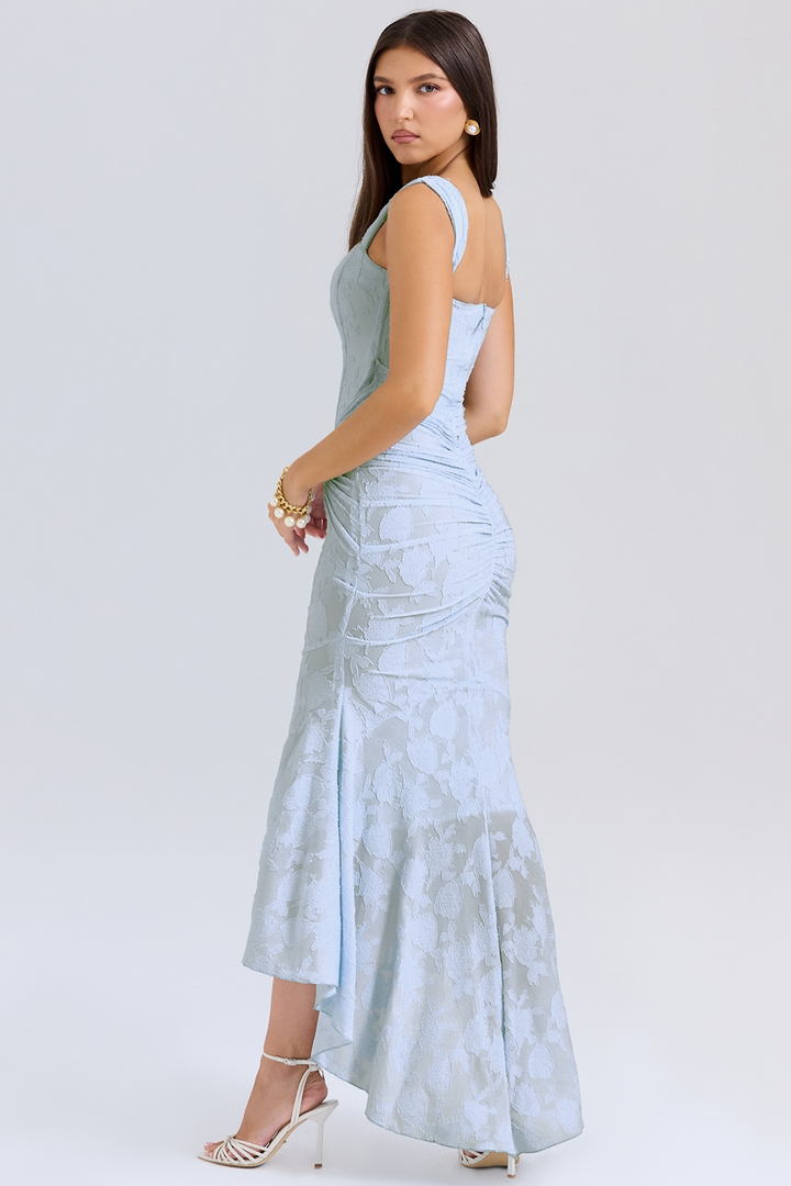 Women's Square Neckline Midi Dress with Asymmetric Hem and Wide Straps