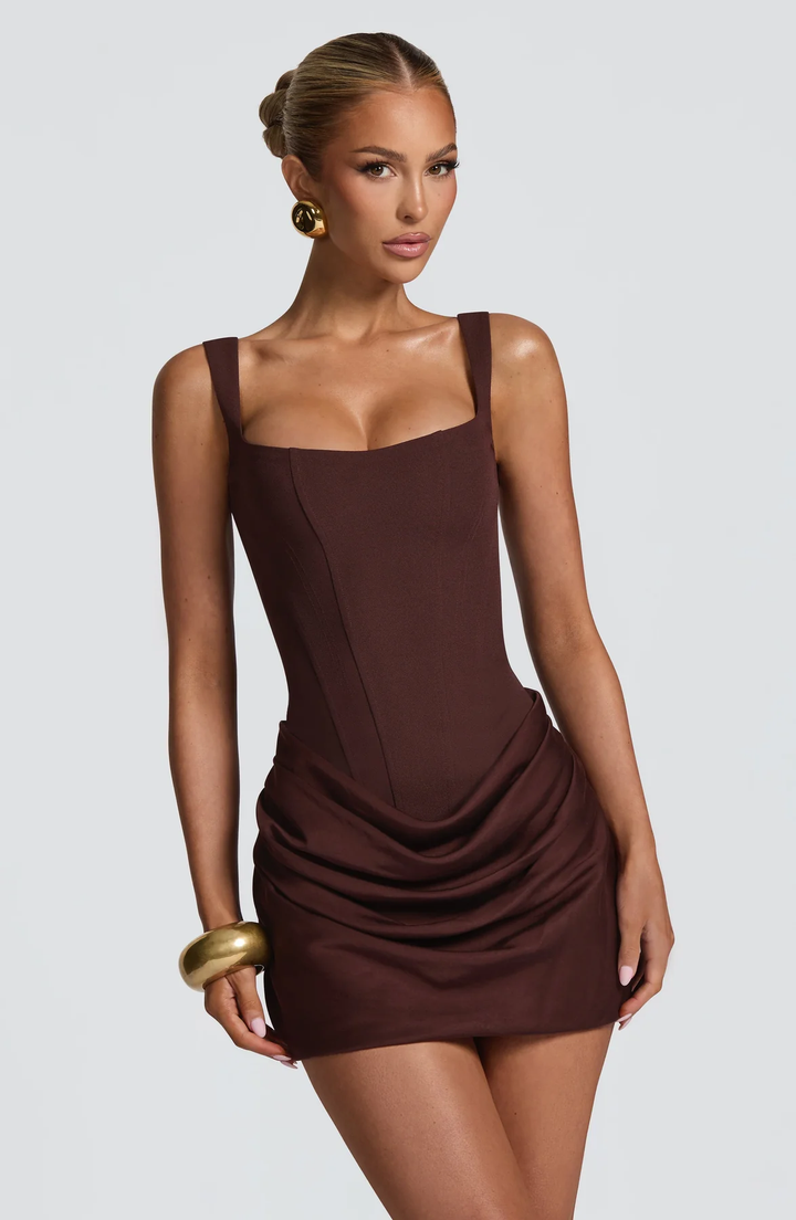 Women's Square Neckline Mini Dress with Wide Straps Seamed Bodice and Lace-Up Back