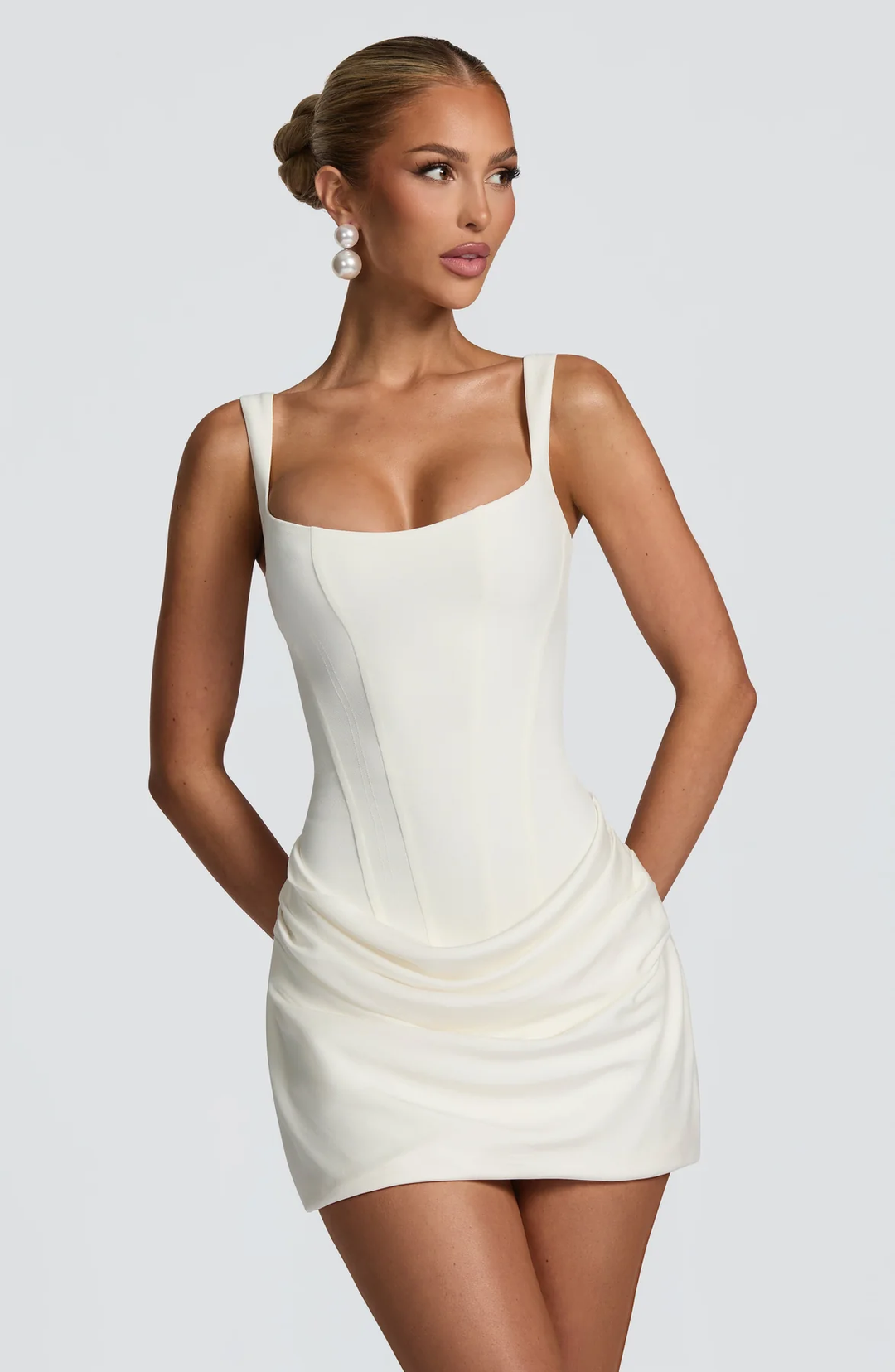 Women's Square Neckline Mini Dress with Wide Straps Seamed Bodice and Lace-Up Back