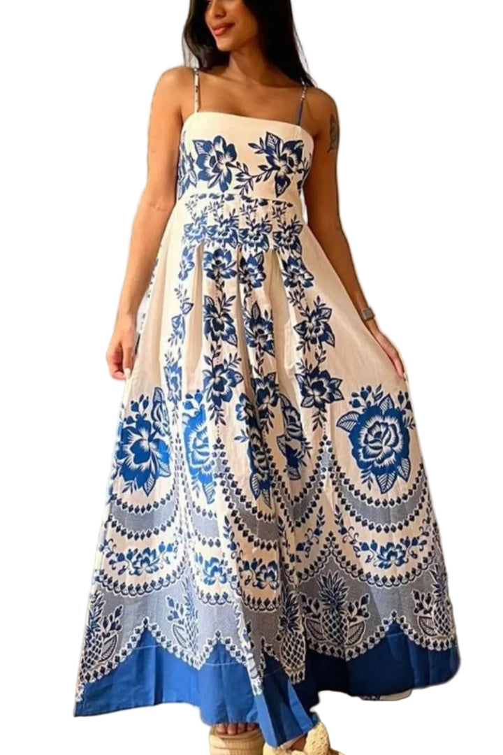 Women's Square Neckline Spaghetti Strap Maxi Dress with Blue Floral Print and Smocked Back