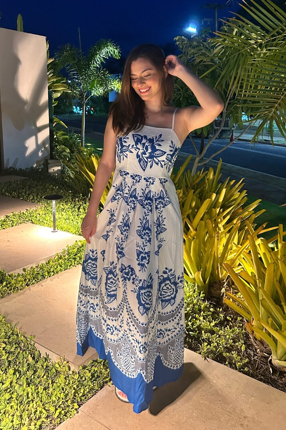 Women's Square Neckline Spaghetti Strap Maxi Dress with Blue Floral Print and Smocked Back